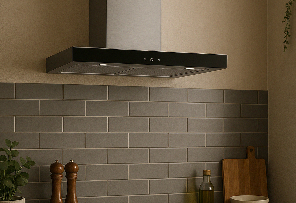 Απεικονίζεται ο απορροφητήρας εγκαταστημένος σε μια κουζίνα.